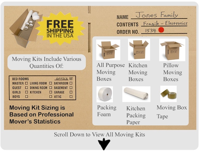 Moving kits include moving boxes and moving supplies.