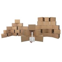 Basic 3 Room Moving Kit: 18 Small Moving Boxes 16" x 10" x 10", 18 Medium Moving Boxes 18" x 14" x 12", 9 Large Moving Boxes: 20" x 20" x 15", 2" x 110 yards of clear acrylic tape, tape dispenser, 48' x 12" roll of bubble, 6 lbs of wrapping paper, 2 black